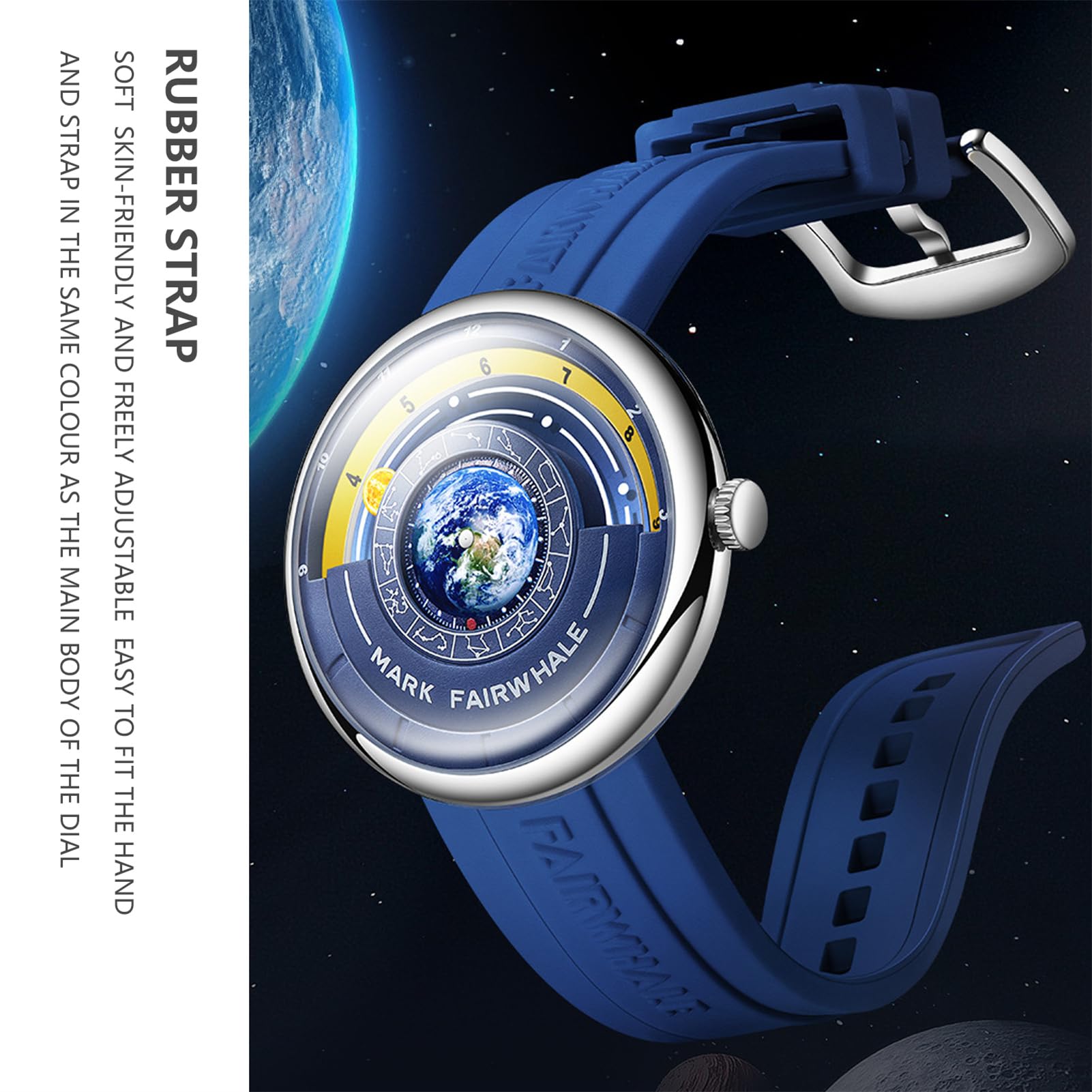 FORSINING Reloj de cuarzo de moda para hombre, diseño de luna, puntero especial, diseño de tierra, correa de silicona, resistente al agua, relojes casuales