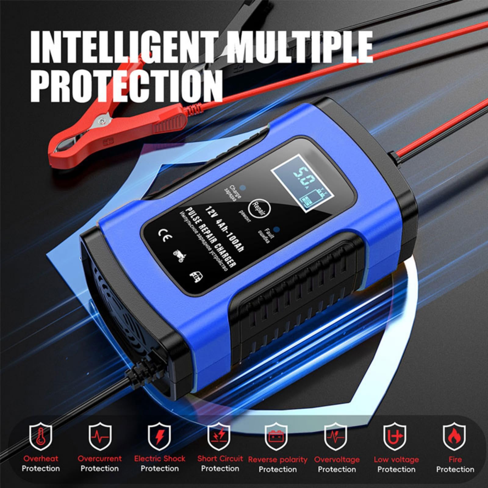 Cargador de batería de Coche Inteligente Totalmente automático con Enchufe UE de 12 V y 6 A, Cargador de Mantenimiento y reparación de pulsos para Coches, Motocicletas y embarcaciones