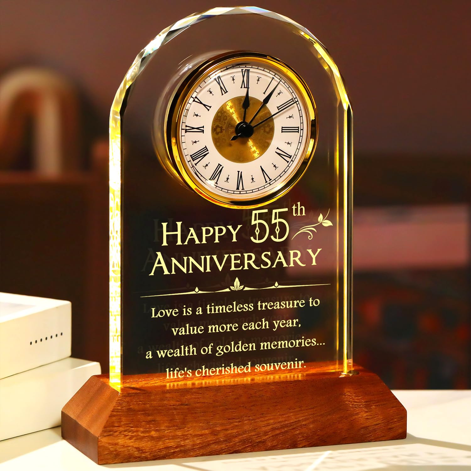 Arikyrist 55th Wedding Anniversary Crystal Clock Gifts for Couple, Light-up Desk Clock 55 Years of Marriage Keepsake, Engraved Quartz Home Ornament Emerald Wedding Presents for Parents Wife Husband