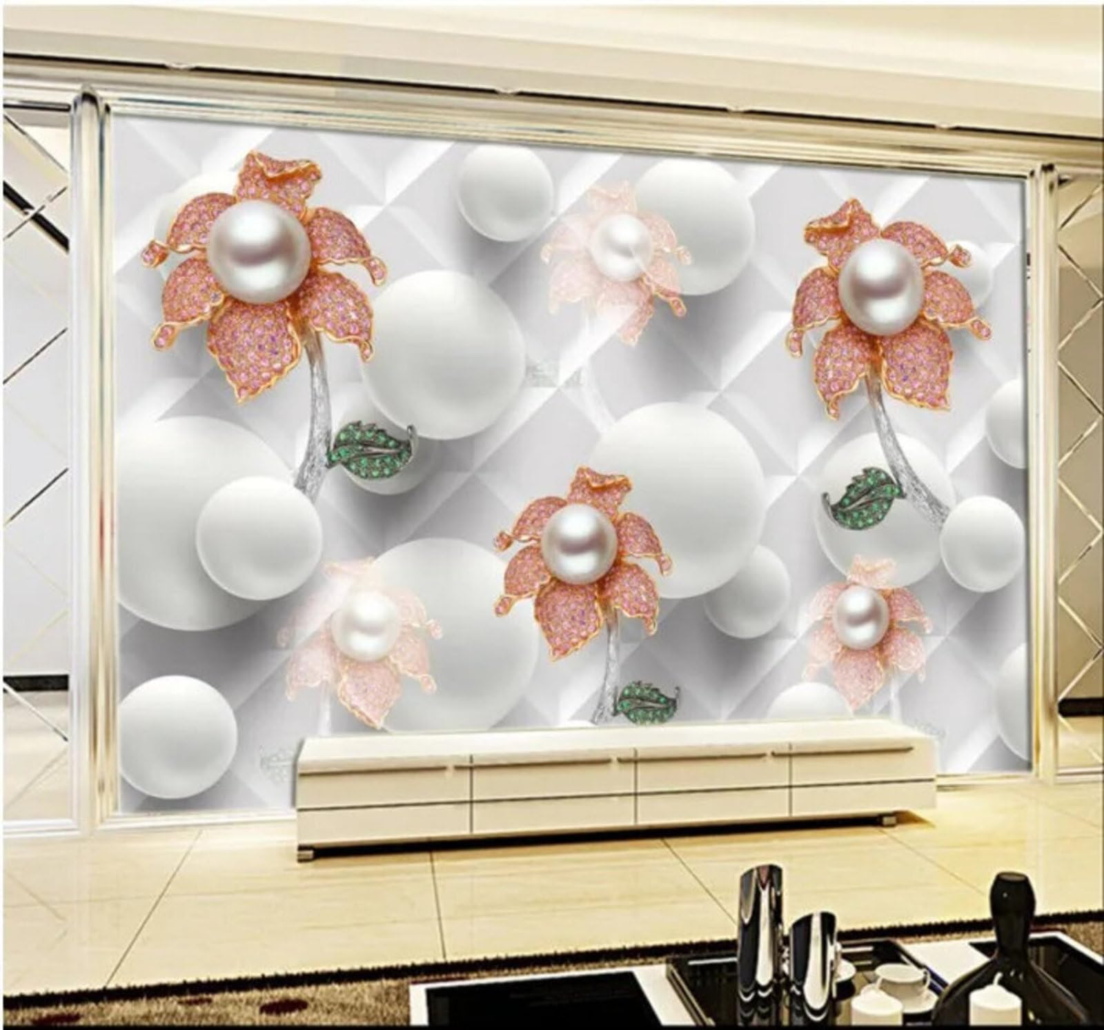Tzxztt Luxurious Three Dimensional Pearl Flowers Diamonds Art Modern 3D Wallpaper Premium Textured Silk Neutral Tones Material Ideal for Living Room Bedroom-300cm×210cm