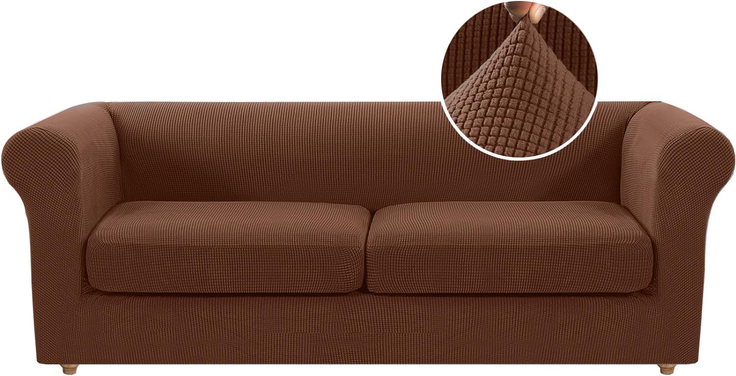 LINGKY Stretch Chesterfield Sofa Cover 2 Seater With 2 Separate Sofa Cushion Covers, Jacquard Spandex Non-Slip Sofa Slipcovers for Living Room Furniture Protector (Caramel,Large 2 Seater)