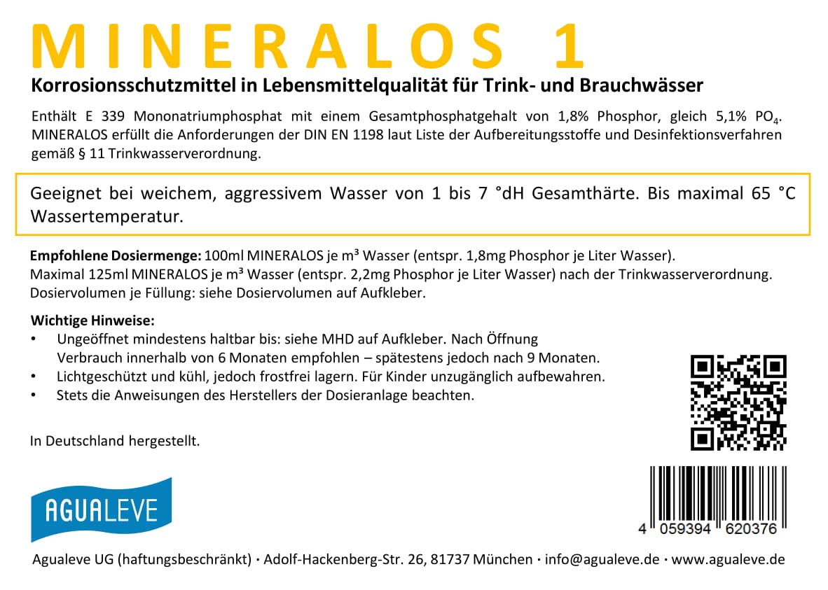 Agualeve MINERALOS 1 Dosierlösung 20 Liter (Alternative zu BWT Mineralstoff Cillit Quantophos F1 / Impulsan H1)