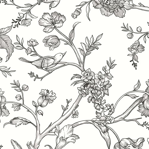 Safiyya Papel tapiz de 393 x 17.3 pulgadas, diseño de pájaros florales, papel de pared en blanco y negro, extraíble, moderno, autoadhesivo, papel de