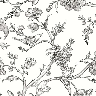 Safiyya 393"x17.3" Floral Birds Peel and Stick Wallpaper Black and White Wall Paper Removable Wallpaper Modern Self Adhesive Contact Paper for Walls Covering Vinyl Rolls