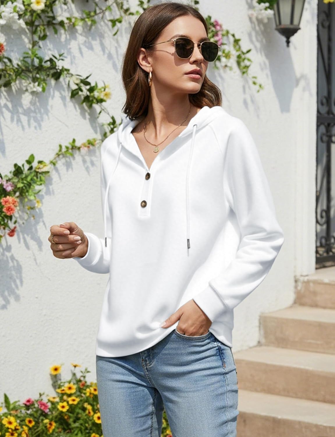 YOGINGO Women's Essential Hoodie for Women Long Sleeve V Neck Button Sweatshirt Lightweight Casual Pullover Tops - Image 7