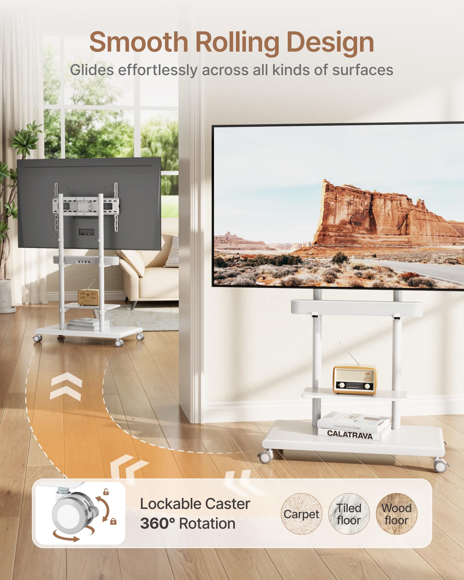 Base in acciaio mobile per TV con supporto soundbar per TV da 50-90 pollici fino a 69,9 kg, girevole e inclinabile, con ampio spazio di archiviazione, carrello per TV resistente regolabile in