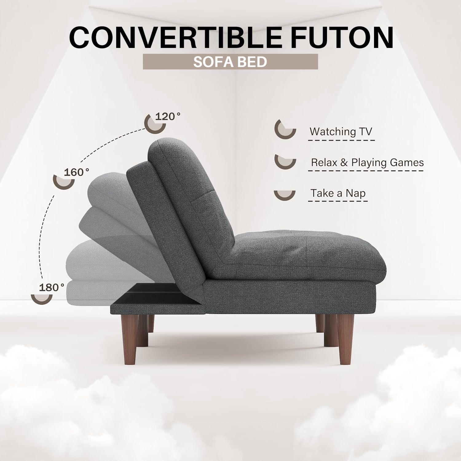 Homall 67'' Futon Couch, Modern Futon Sofa Bed with Adjustable Backrest | Convertible Sleeper Sofa Bed, Linen Loveseat Couch with Solid Wood Frame for Living Room, Apartment & Office | Grey