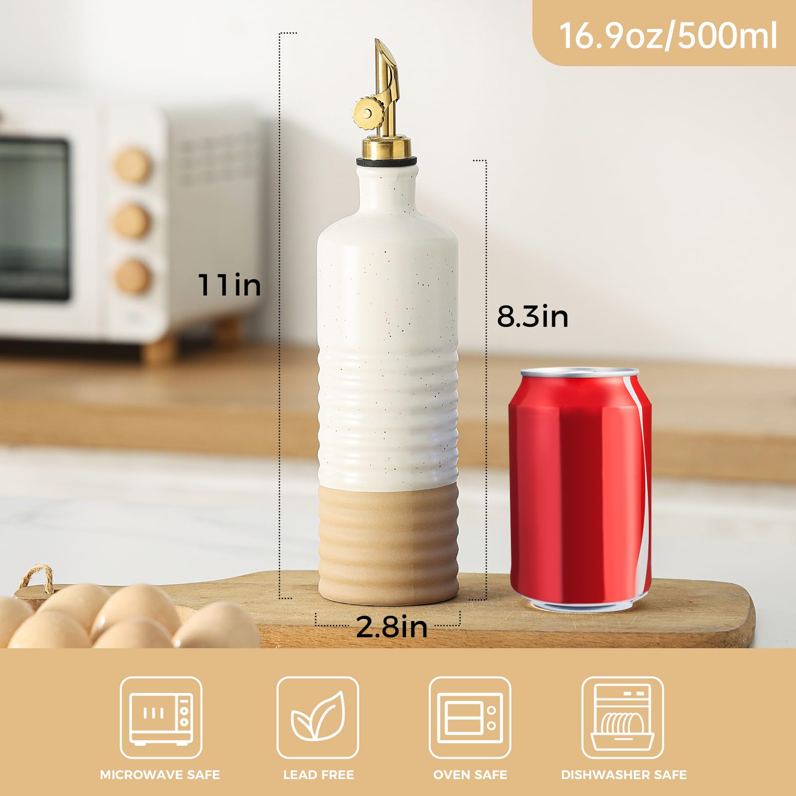 Frewinky Botellas dispensadoras de aceite de oliva de cerámica de 16.9 onzas, juego de 2 con boquillas | Dispensadores de aceite de gres para cocina con boquillas automáticas y embudo para aceite, vinagre y servir mesa.