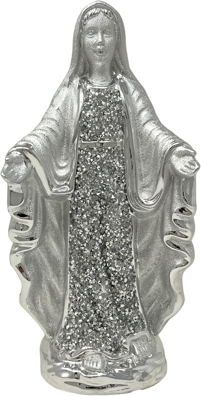 Silver Virgin Mary Statue 25cm – Crushed Diamond Effect Our Lady of Grace Figurine | Catholic Religious Ornament for Home, Altar, Prayer Room, Wedding or Mother Gift