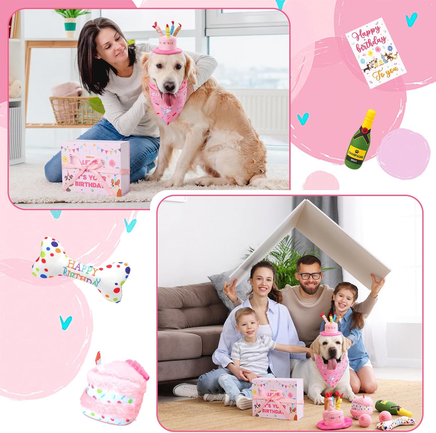 10 Pcs Dog Birthday Toy Set Dog Birthday Cake Bone Wine Bottle Hat Bib Ball Card Ribbon Plush Pet Gifts for Small Medium Puppy Squeaky Dogs Pet Toy Party Supplies(Pink)