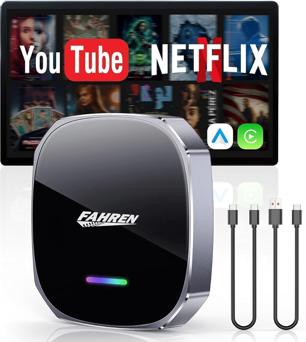 FAHREN 3rd-Gen Wireless CarPlay Adapter for iPhone& Android Auto, AI Magic Box Support Netflix/YouTube, Mini Car Play Wireless Adapter, Plug & Play, Fit with iPhone 8+/iOS10+/Android 11+