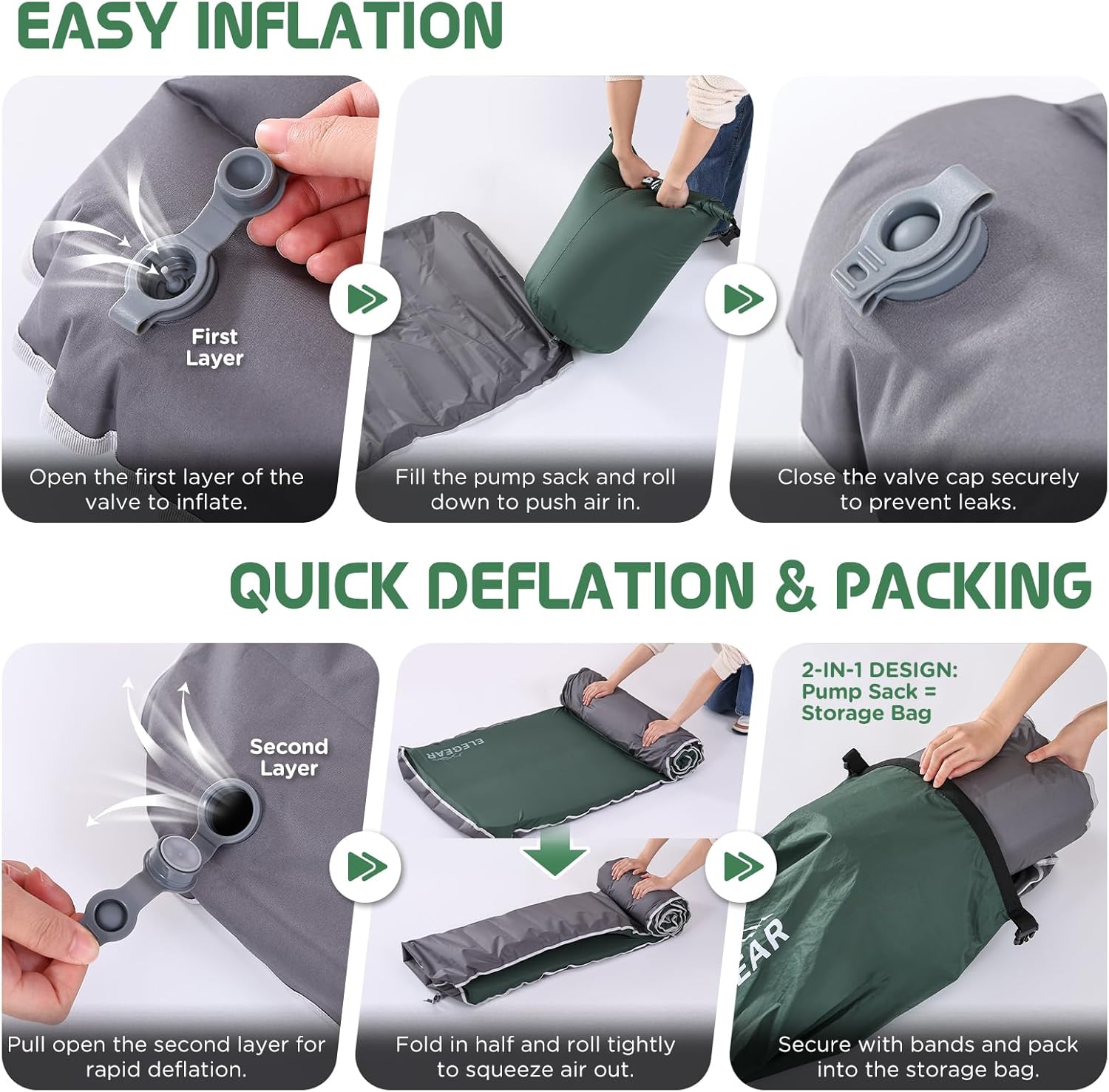 Elegear Air & Foam Camping Mattress, CumbreX™ 4" Ultra-Thick Memory Foam Self-Inflating Sleeping Pad with Air Pump, Compact R-Value 9.5 4-Season Camp Mat for Travel Outdoor - Single Army Green