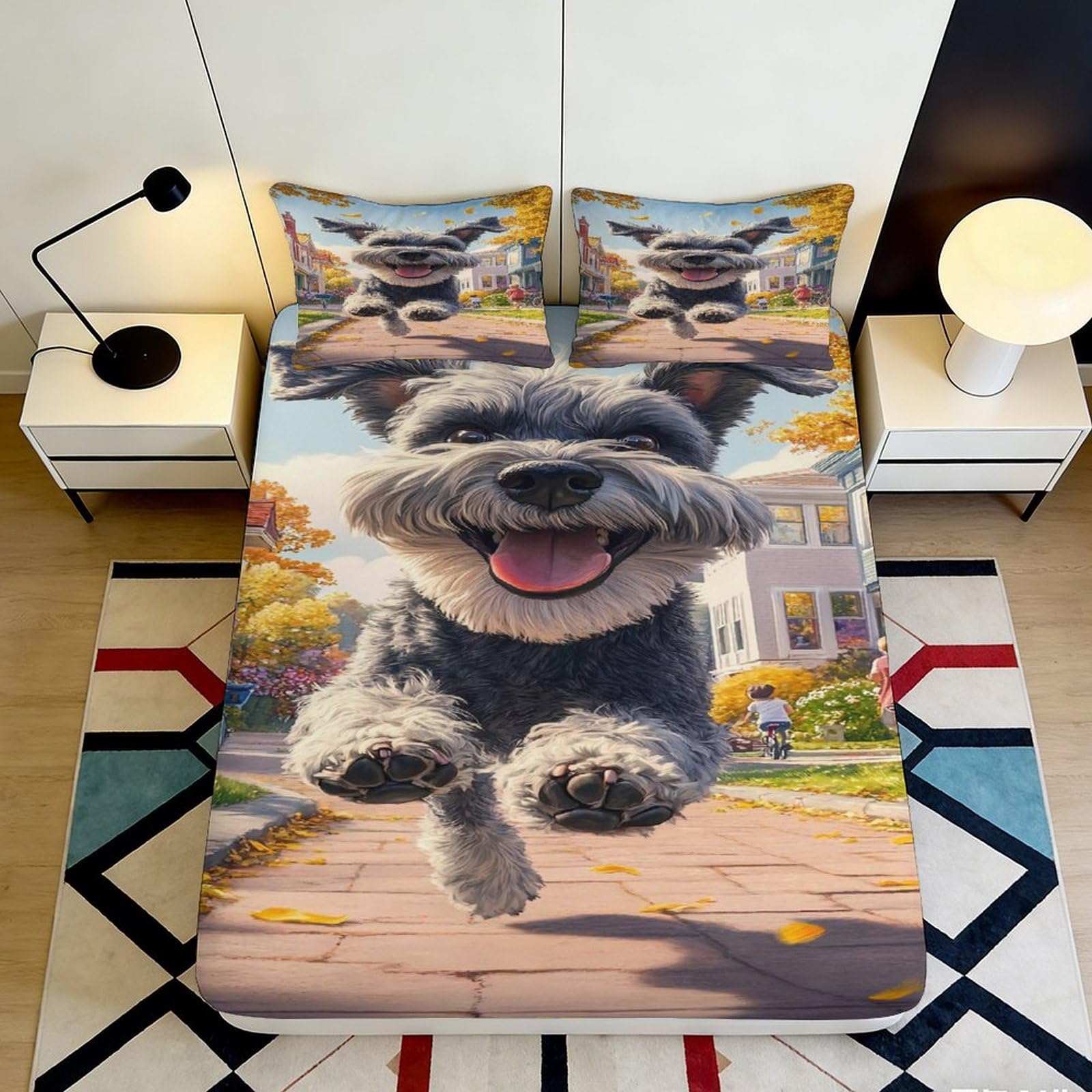 3D Printed Schnauzer Dog Fitted Sheet Microfiber Cartoon Art Bed Cover for Bedroom Dorm Mattress Protection Decor 90x200x25cm