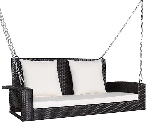 Happygrill Banco de columpio para porche al aire libre para 2 personas con cojines suaves, cadena de acero reforzado de 7.9 pies, marco de acero