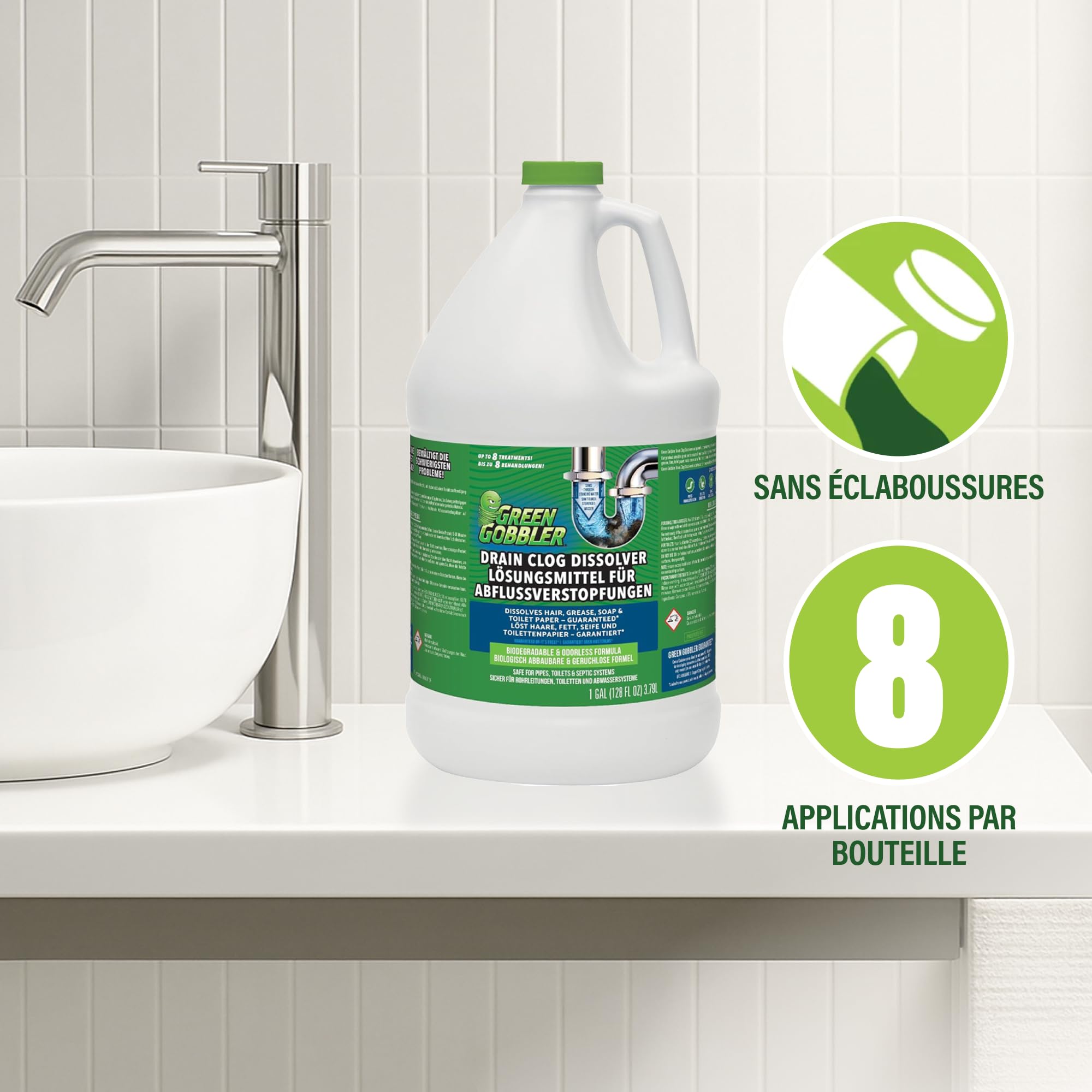 Green Gobbler Déboucheur de Canalisations, 3,8 L | Dissout les Cheveux et les Matières Organiques des Toilettes, Eviers et Drainages Bouchés
