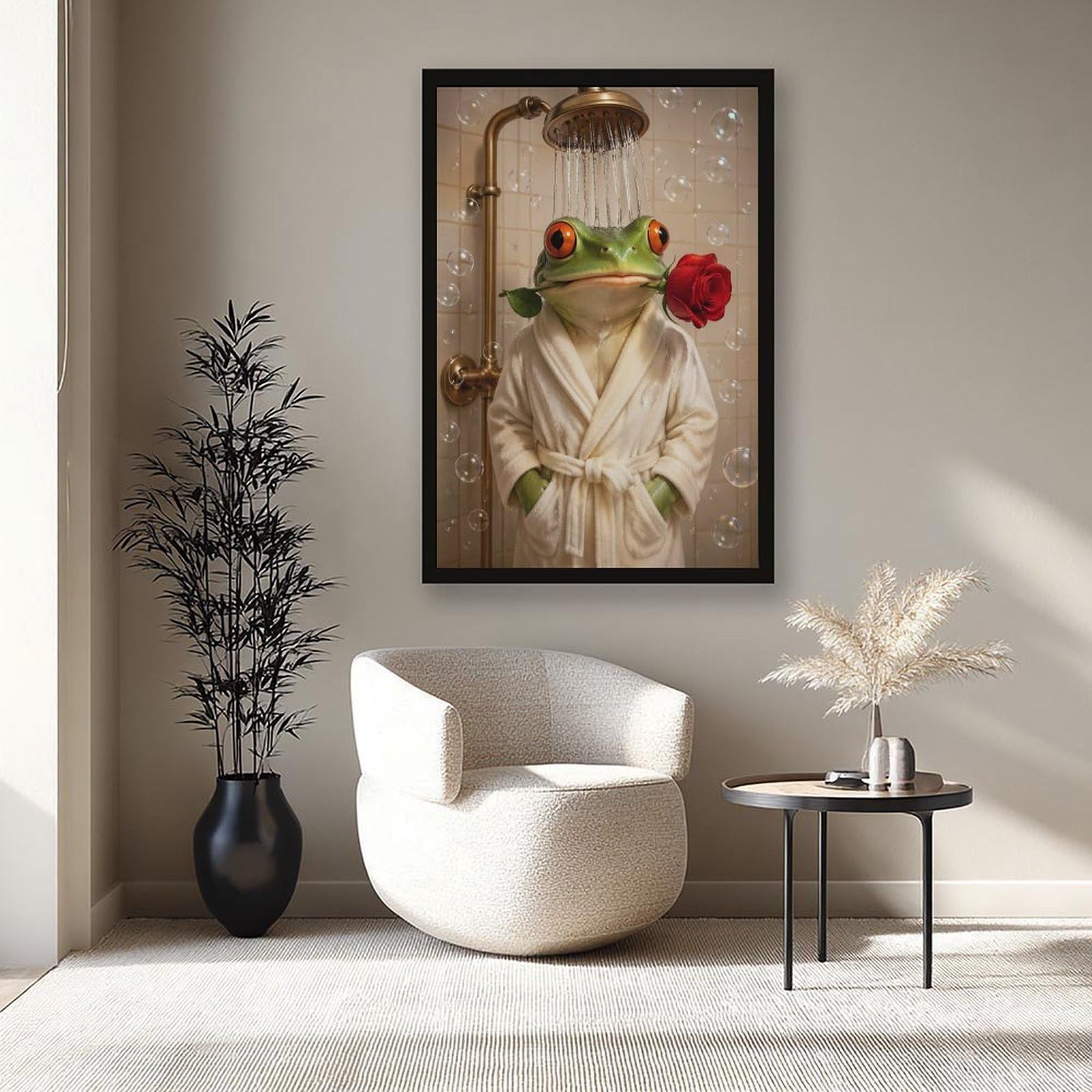 Lustiger grüner Frosch im Bademantel, Dusche mit roter Rose, Leinwand-Kunstposter, sprudelnd, skurriles Tierporträt, humorvolle Neuheit, Dekoration für Badezimmer, Toilette, Puderzimmer, schwarzer