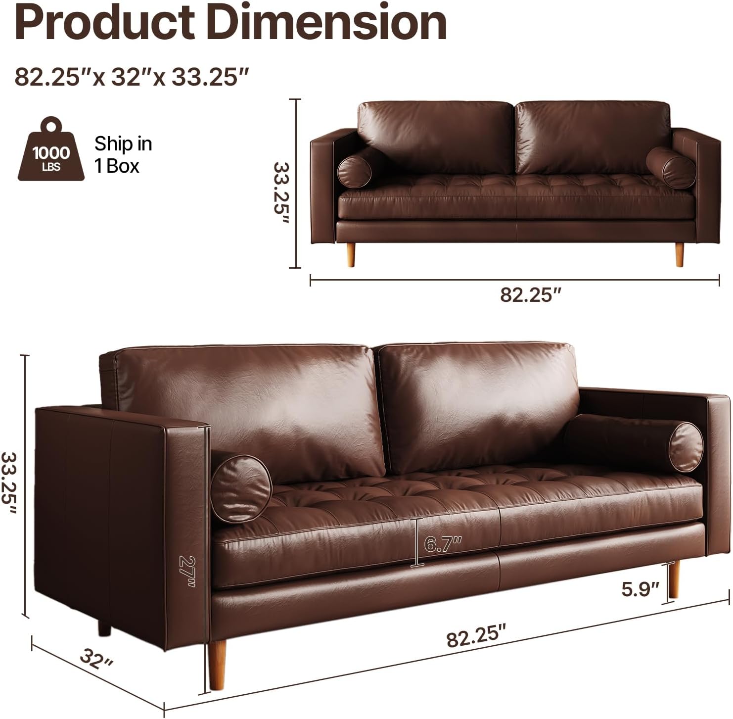 82.5" Faux Leather Sofa Couch for Living Room 3 Seater Comfy Couch with Deep Seat Wood Block Legs Modern Mid-Century Vintage Brown for Office Guest Room Meeting Room Apartment (Dark Brown, 82.5 inch)