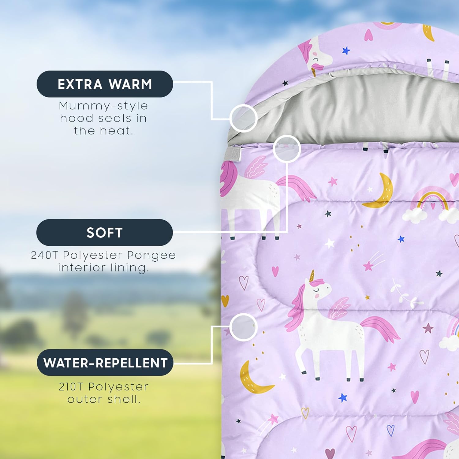 Wake In Cloud - Kids Sleeping Bag for Girls Toddlers, Camping in Warm Cold Weather, Backpacking Lightweight Compact Outdoor Liner for 3 Seasons, Celestial Unicorns