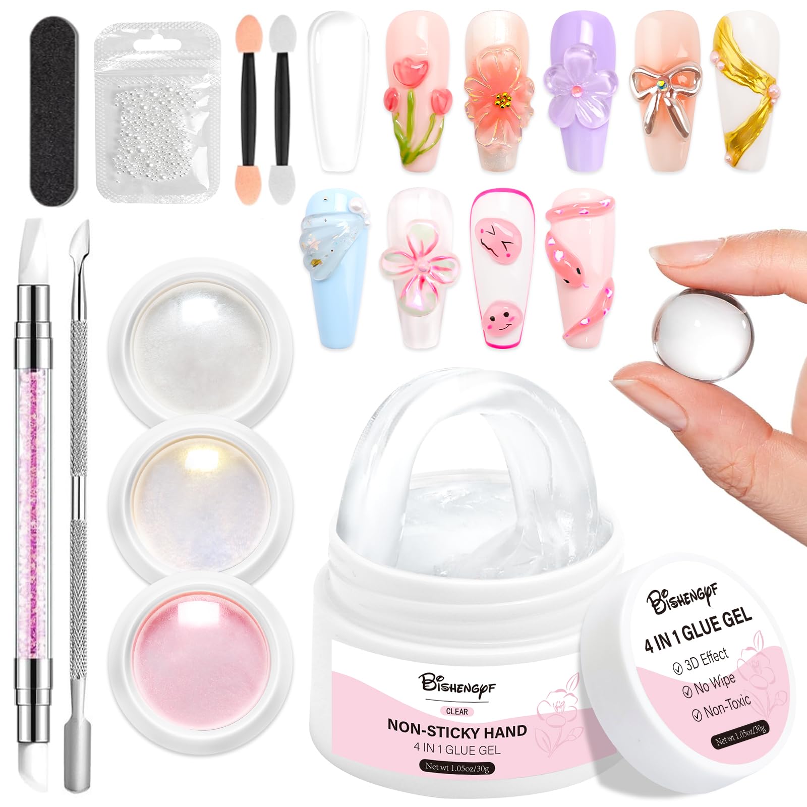 Solid Builder Gel for Nails BISHENGYF: Clear 3D Nail Gel Sculpting 30g Non-Sticky Hand With 3Pcs Yellow Pink Aurora White Pearl Chrome Nail Powder for Starter Nail Art Carving Extension DIY Salon Home