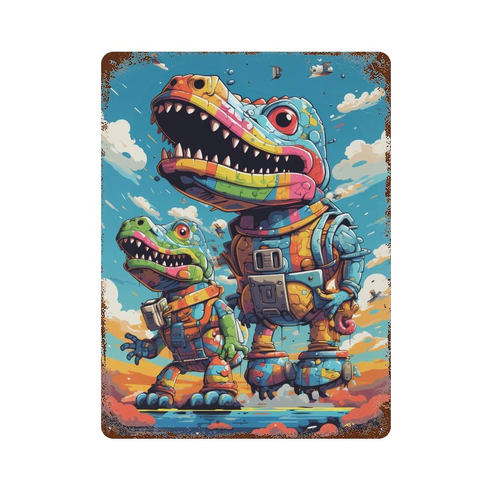 Retro Metal Sign with Colorful Dinosaur Astronauts Adventure Design 15.7"x11.8", for Shed, Workshop And Garage Wall Decor, Old School Wall Decor
