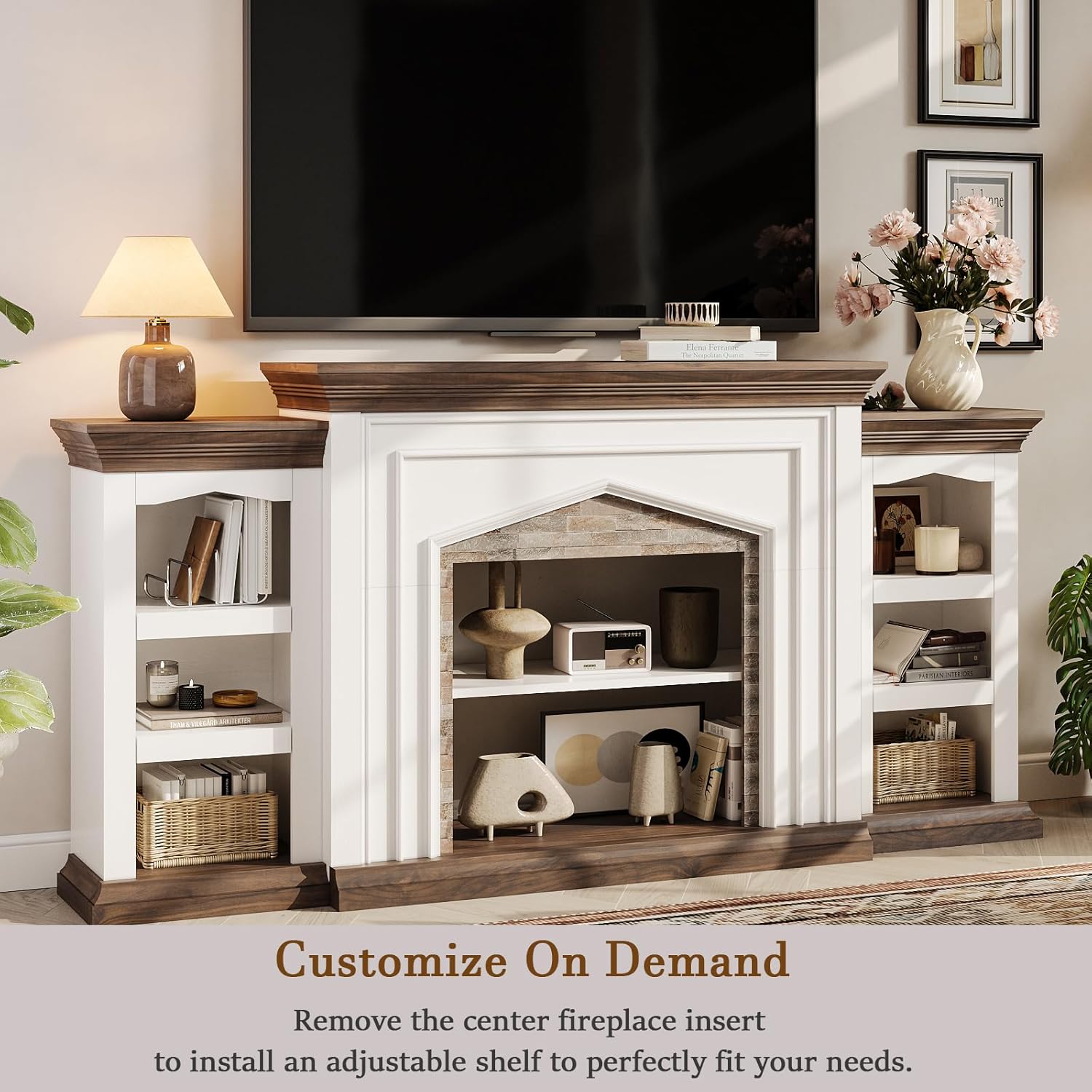 LGHM 80" Fireplace TV Stand for TVs Up to 90 Inch, Electric Fireplace with Mantel, Farmhouse Entertainment Center with Storage, Realistic Stacked Stone Surround and 3D Flame Effect for Living Room