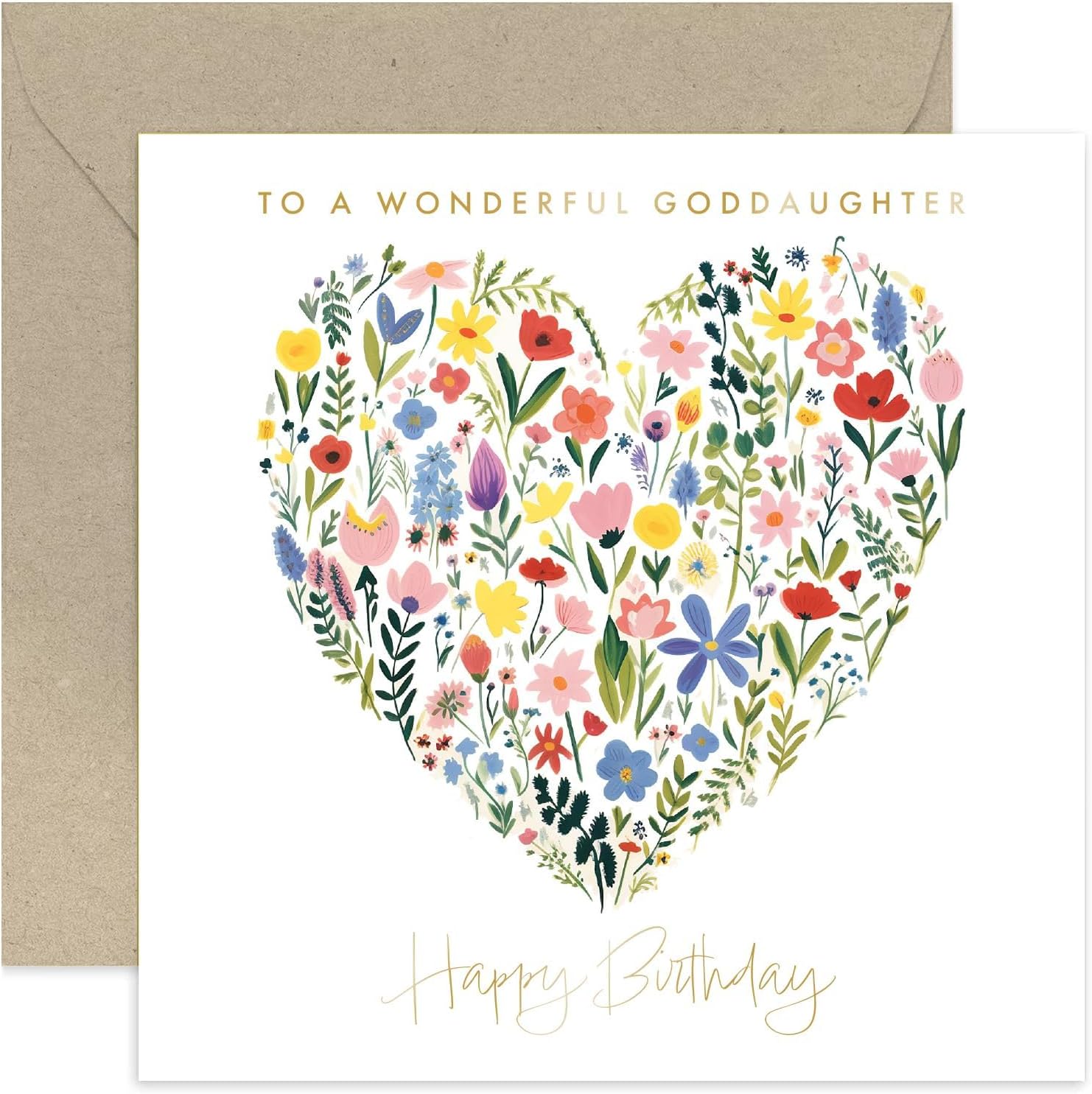 Old English Co. Wonderful Goddaughter Birthday Card - Floral Heart Painting Gold Foil - Cute Women's Flower Card | Blank Inside Envelope