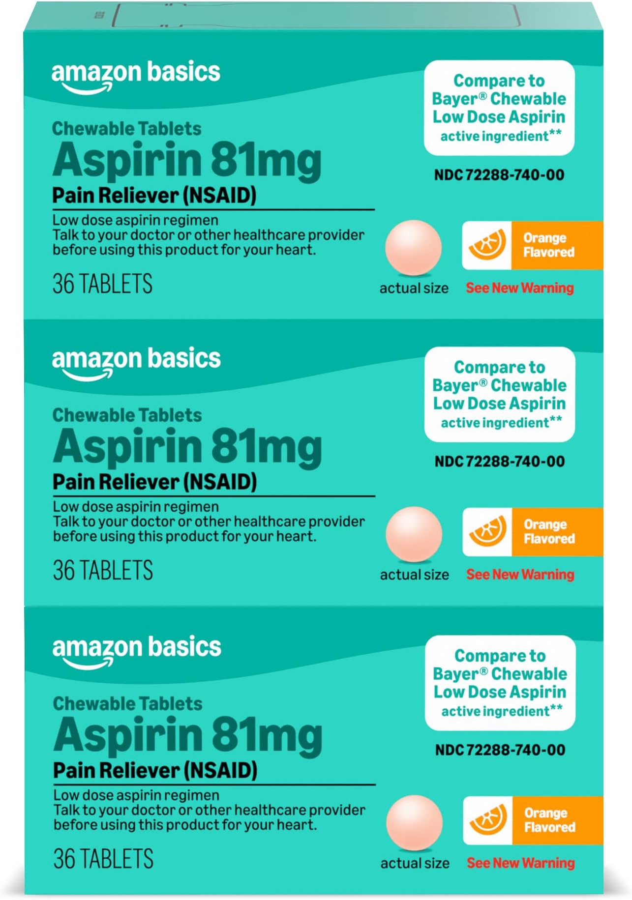 Amazon Basics Aspirin 81 mg Pain Reliever (NSAID) Chewable Tablets, Low Dose , Orange Flavor, 108 Count (3 Packs of 36) (Previously Amazon Basic Care)