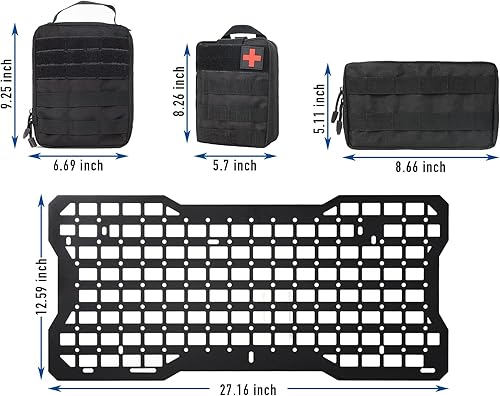 Miniatura 5 de Kit organizador de carga para puerta trasera, panel Molle, placa de metal de almacenamiento interior con 3 bolsas de almacenamiento para Jeep