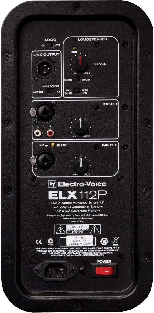 Close-up view of the rear control panel of the Electro-Voice ELX112P loudspeaker, showing inputs, outputs, and control knobs.