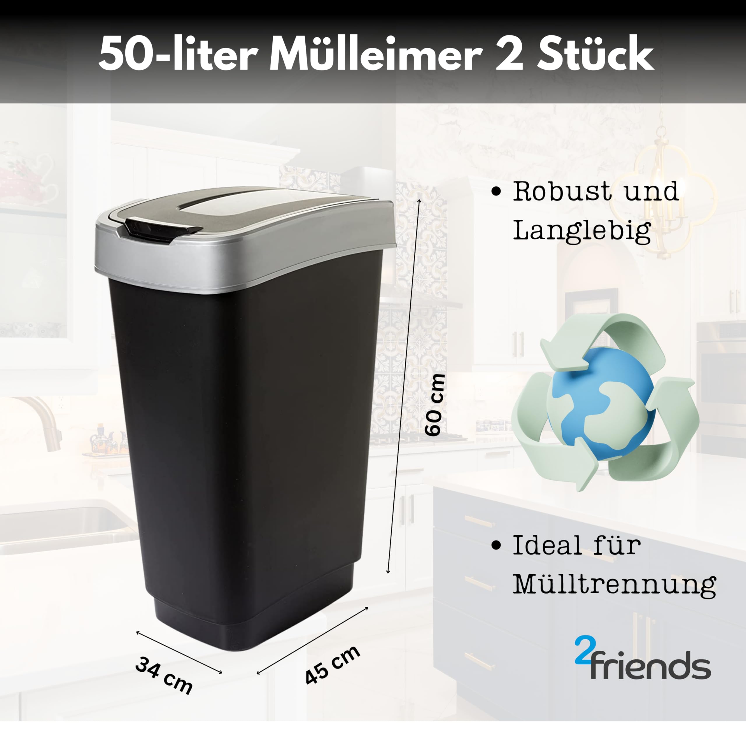 LIVINJA Duo Vuilnisemmer voor de keuken, 2 vakken, 50 liter, geurdicht, dubbele afvalemmer met schommeldeksel, set van 2, 50 liter, 60 x 45 x 34 cm, robuuste recyclebare kunststof, zwart/zilver, Made