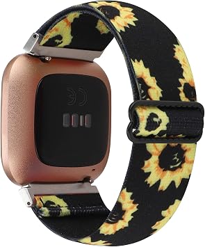 Adjustable Elastic Watch Band Compatible with Fitbit Versa/Versa 2/Versa Lite Special Edition for Women Men Nylon Stretchy Strap Wristband for Fitbit Versa Smart Watch Black Sunflower