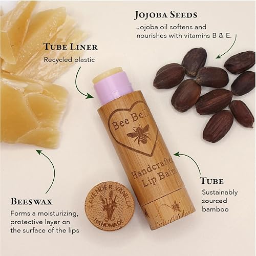 Miniatura 4 de Bee Bella Bálsamo labial, aroma de vainilla y lavanda, cuidado de labios hidratante, 100% natural, cera de abeja con vitamina E, hecho a mano en