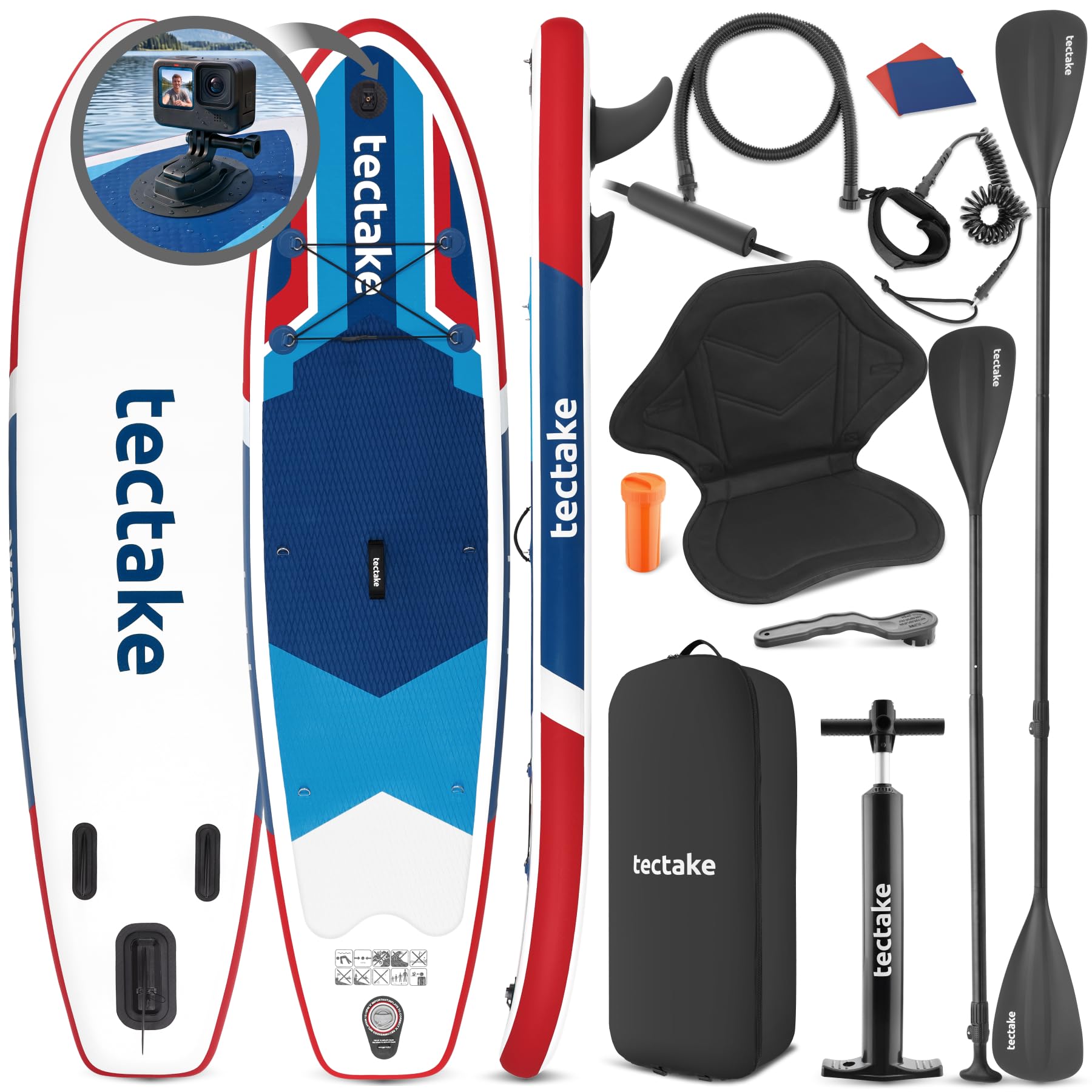 tectake® Tabla Paddle Surf Hinchable, 200 kg, Asiento Kayak, Soporte Cámara | Asiento de Kayak, Capacidad 200 kg, Antideslizante, Drop-Stitch, 288 cm, Resistente, Ligero, Remo Ajustable, SUP, Rojo/Azul