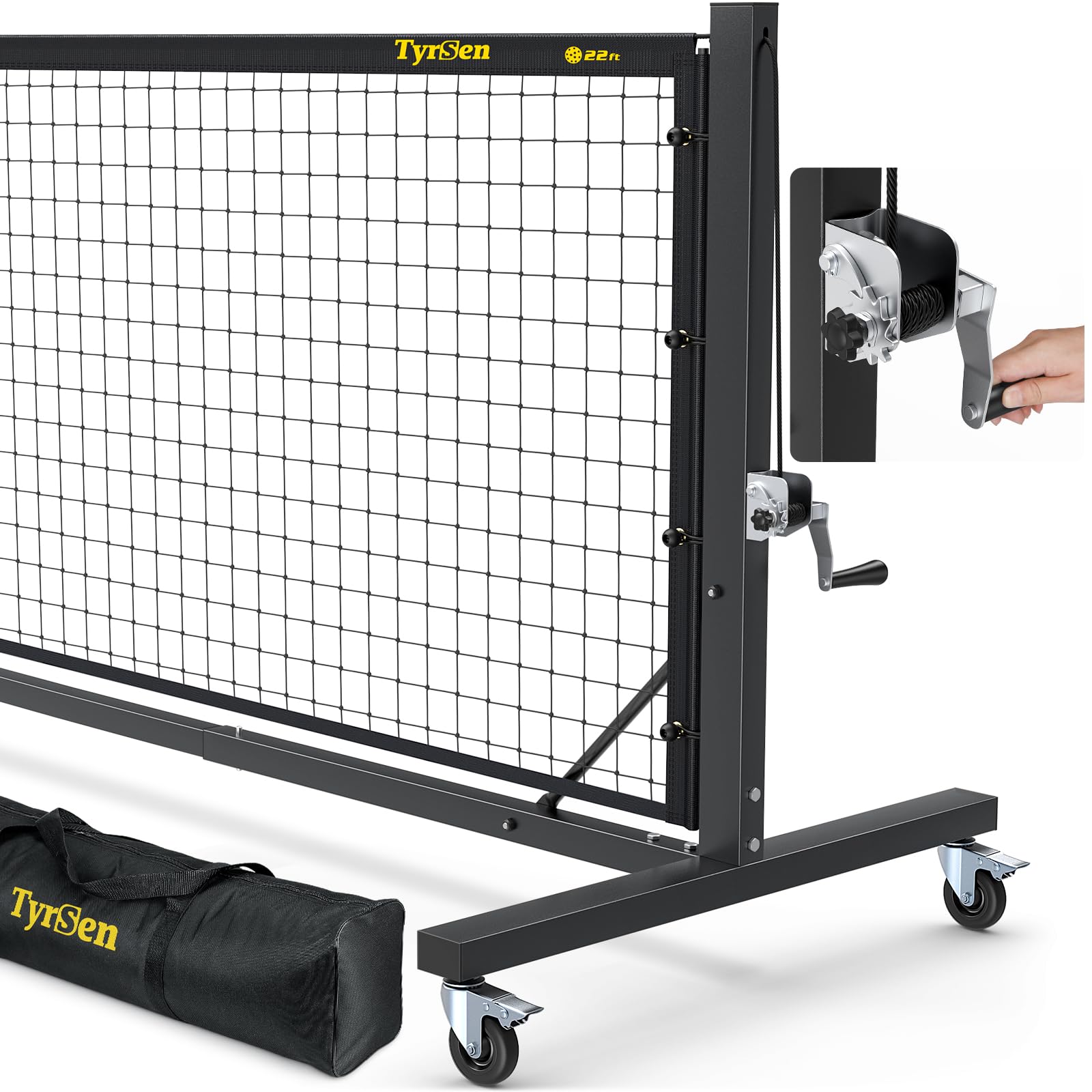 TYRSEN Pro Pickleball Net – Hand Winch Tension System, 22ft Tournament-Grade, Anti-Sag, Locking Wheels, Heavy-Duty Frame, Easy Setup, Portable & Carry Bag Included
