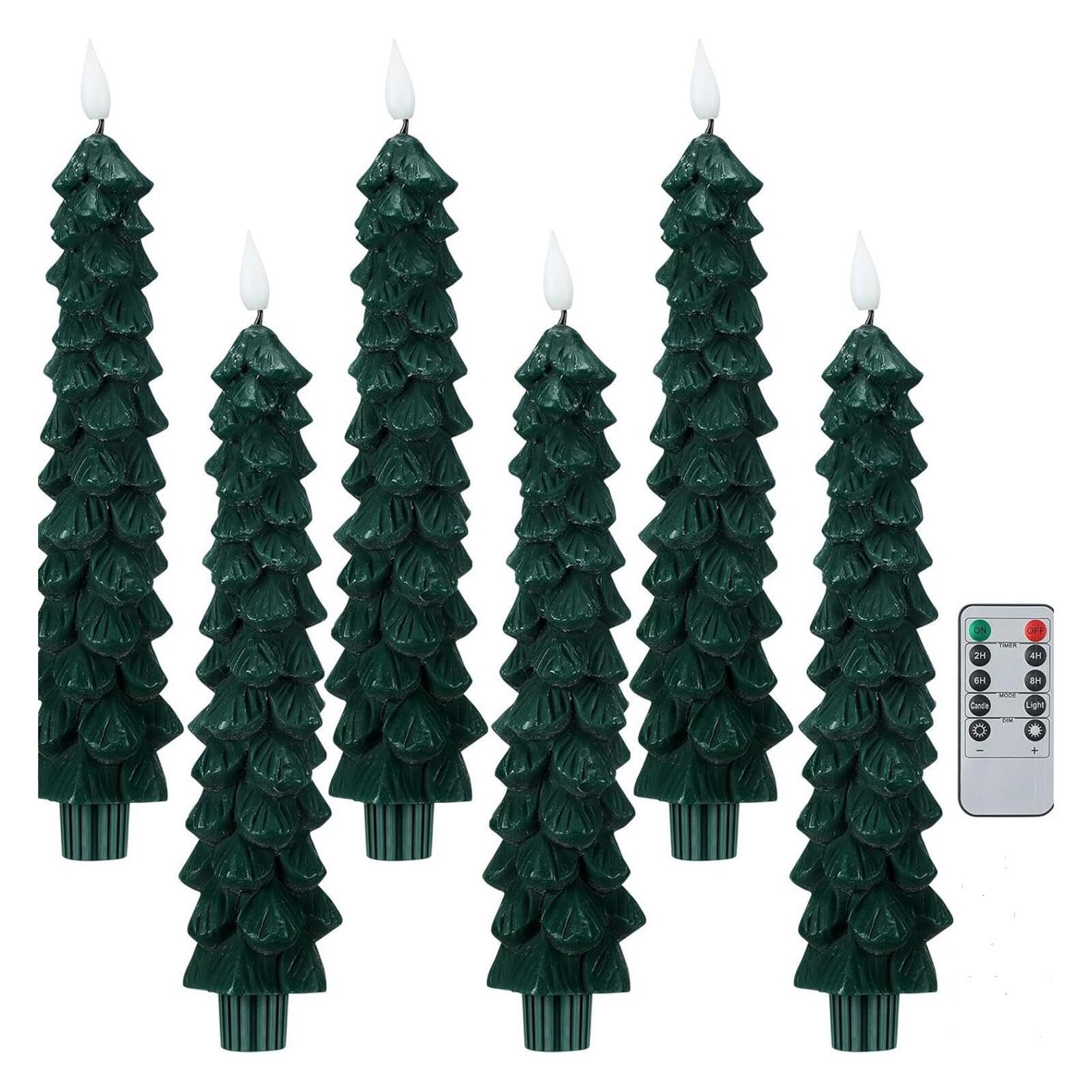 Velas cónicas sin llama con control remoto, velas LED en forma de árbol con efecto de llama parpadeante, funcionan con pilas para decoración de mesa de comedor (6)