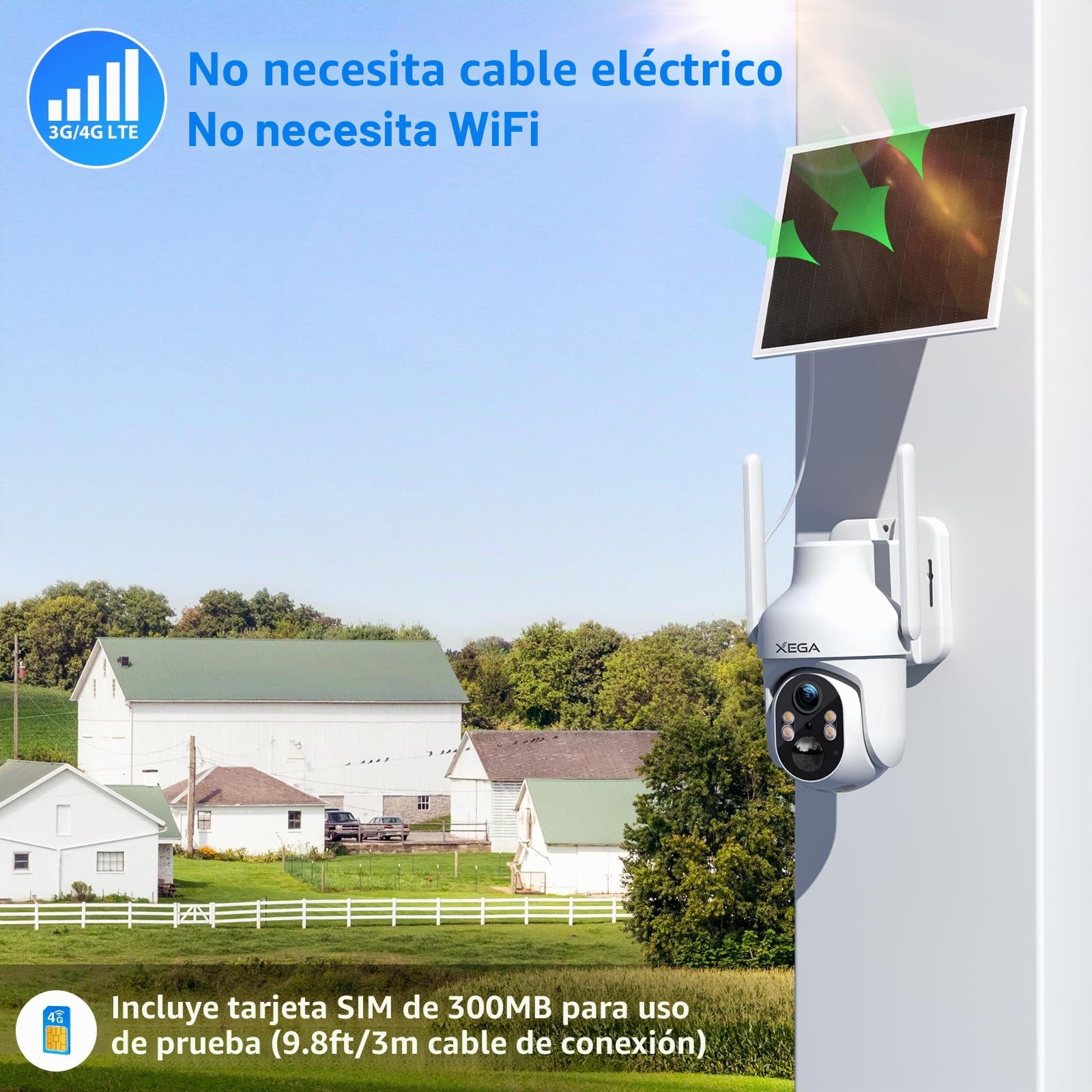 Xega 4G LTE Camara Solar con Tarjeta SIM,2K HD PTZ Camara Exterior sin WiFi | Panel Solar 6W Baterías 10400mAh, Foco y Sirena Visión Nocturna en Color PIR Detección Humana Almacenamiento TF/Cloud IP66