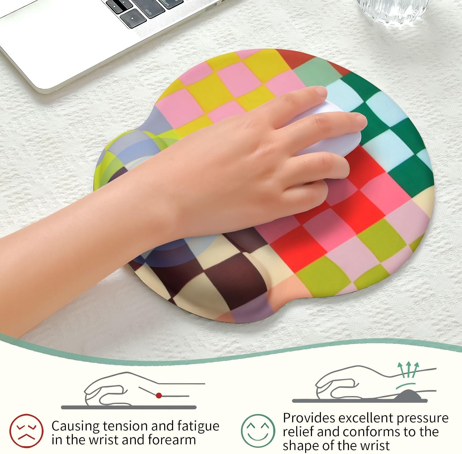 Retro Checkered Mouse Pad with Support Wrist Rest,Cute Funny Boho Ergonomic Mouse Pad with Non-Slip Base for Office Gaming Working Computers,Desk Accessories Pain Relief,Retro Colorful image 4