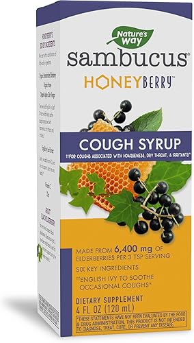 Nature's Way Sambucus - Jarabe para la tos con extracto de saúco negro y miel orgánica, apoyo inmunológico*, 4 onzas líquidas
