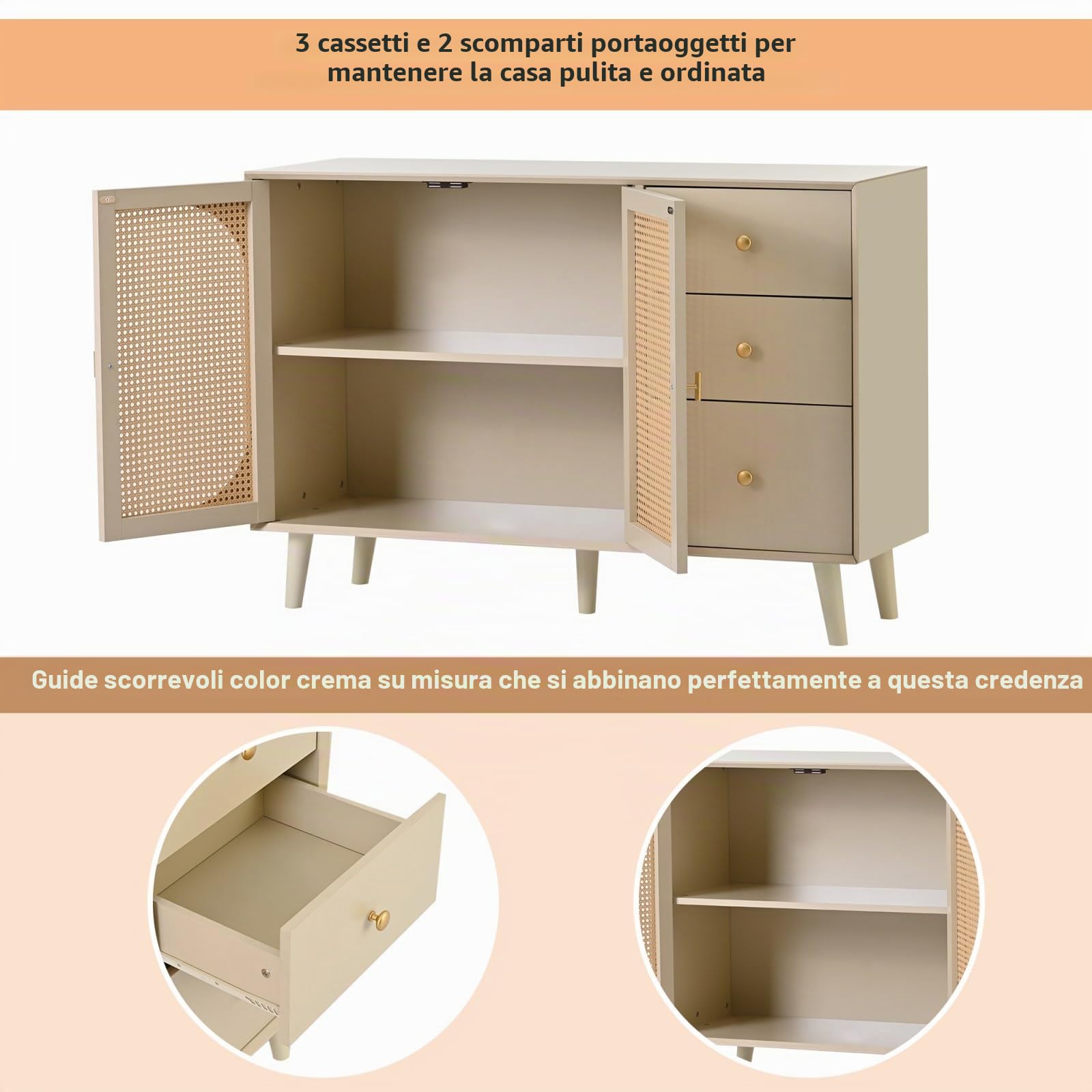 KOMHTOM Credenza beige con ante in rattan, mobile portaoggetti con 2 ante e 3 cassetti per soggiorno, camera da letto, sala da pranzo, corridoio (C)