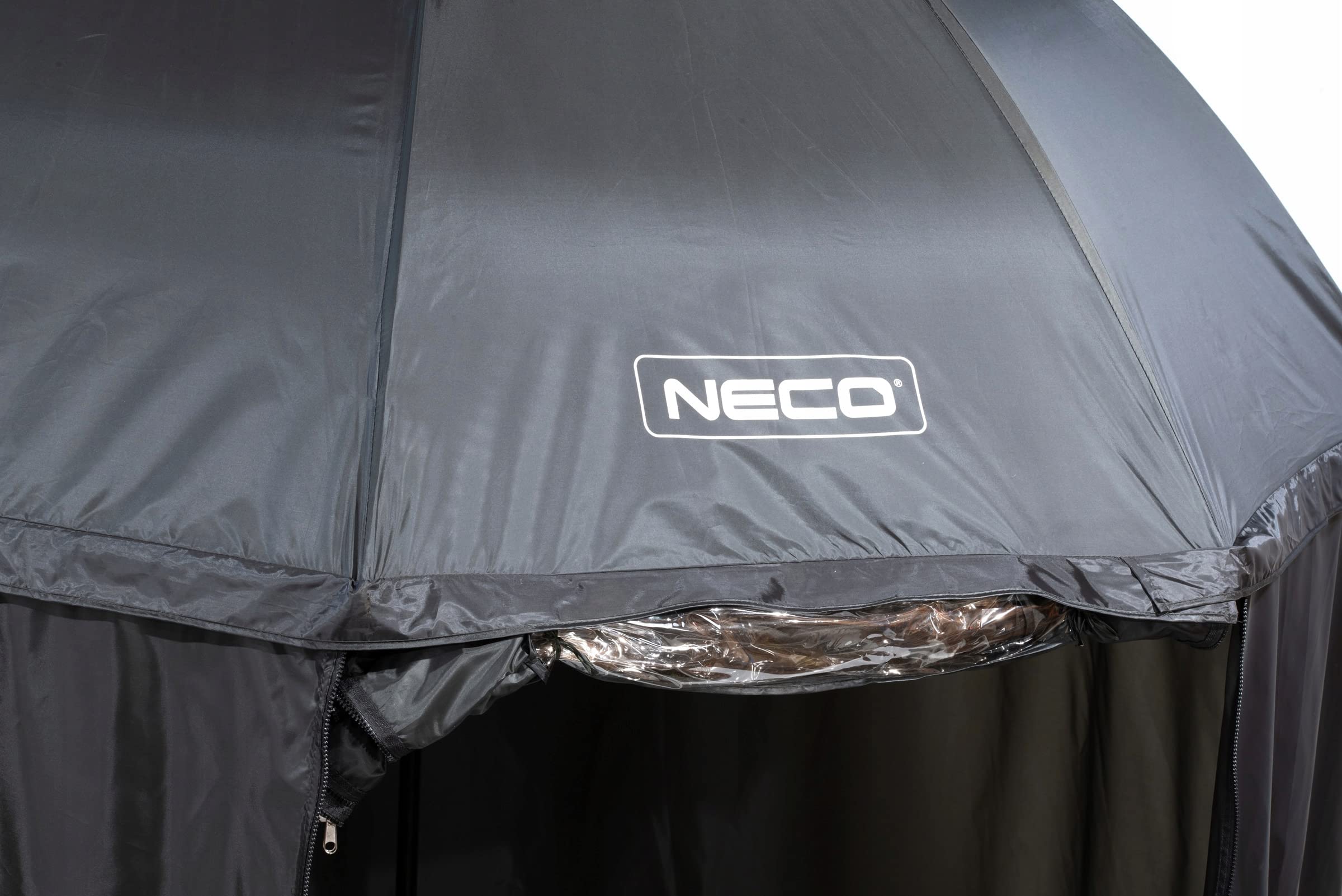NECO Parapluie de Pêche 250 Cm pour 2 Adultes, Matériau 220D, Protection UV, Intérieur Chaud, Léger et Facile à Déplier, Porte-Parapluie, Piquets et Cordes Inclus, Transparent, Uni