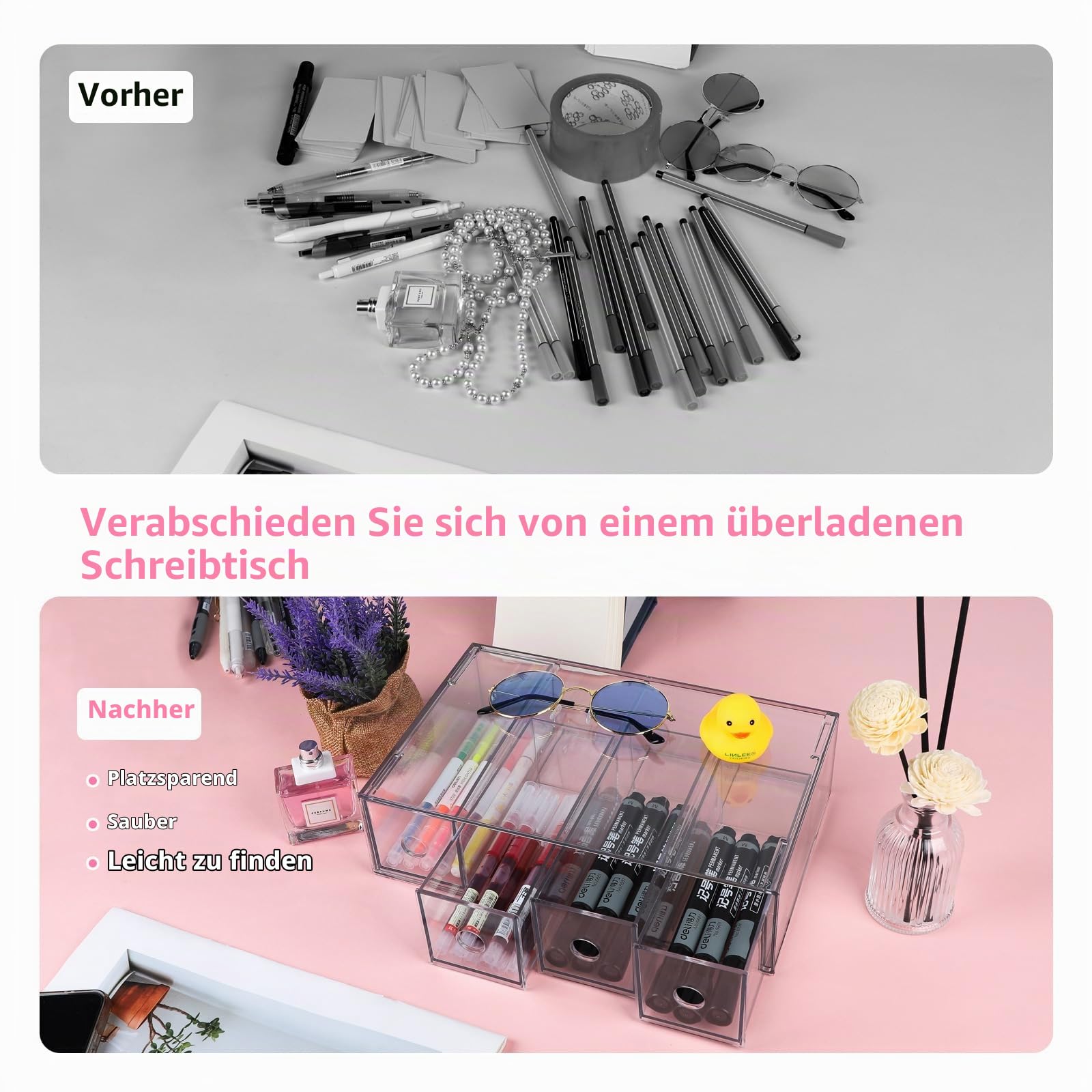 3x Schreibtisch-Organizer, Aufbewahrungsbox für Schreibwaren, Mark | Schubladenkasten mit 12 Herausnehmbarer Schublade, Schubladenorganizer Stapelbar Büro Schreibtisch Organizer Transparent-grau