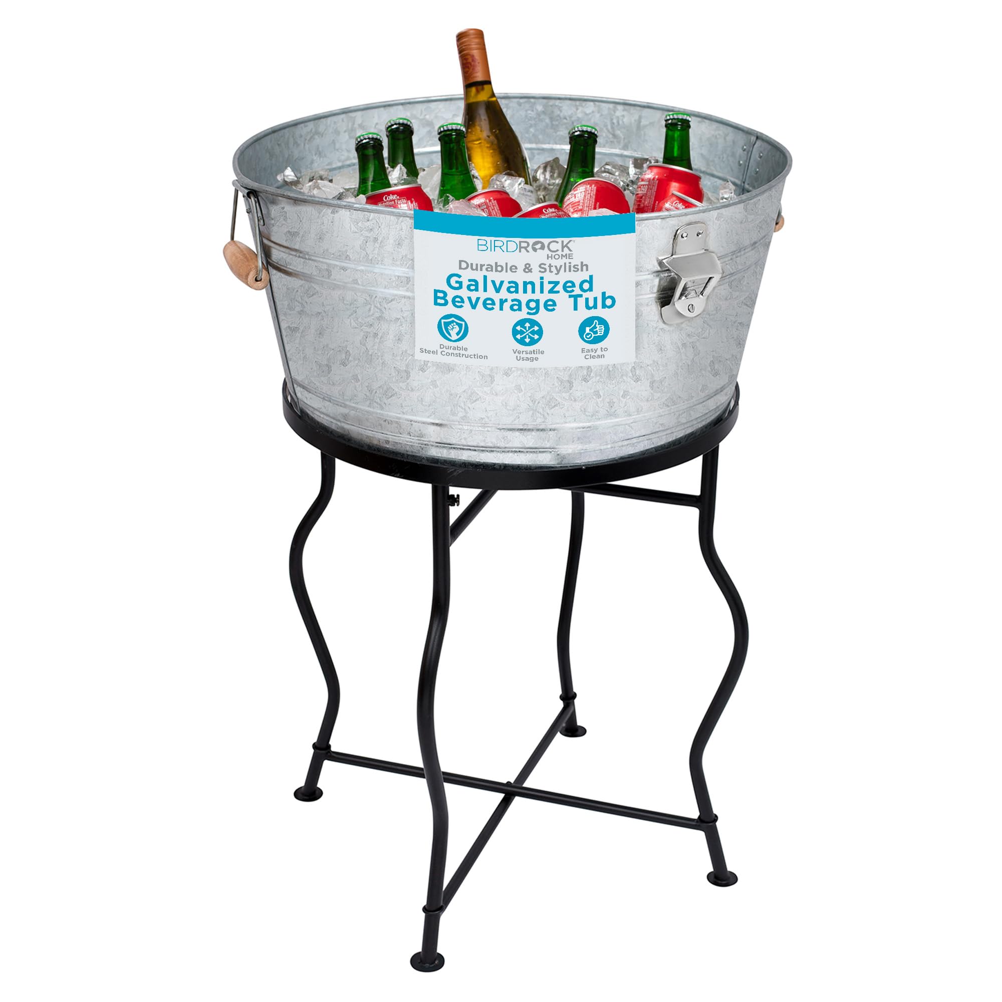 BirdRock Home Galvanized Beverage Tub with Stand | Bottle Opener | Party Drink Holder | Wooden Handles | Outdoor or Indoor Use | Free Standing