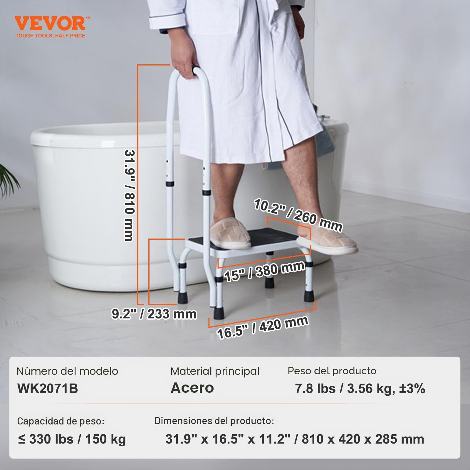 VEVOR Taburete de 1 escalón, capacidad de 330 libras, 3 alturas ajustables con asa, escalera de acero, taburetes portátiles para adultos, escaleras antideslizantes y resistentes para oficina
