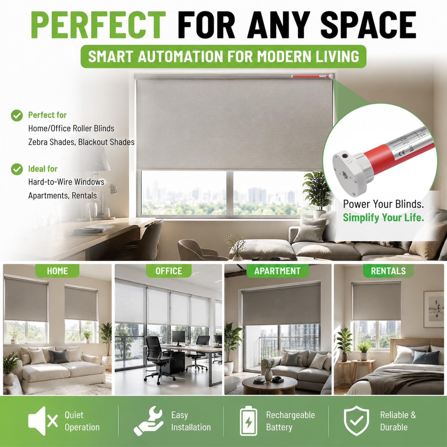 Rollerhouse Battery/12V Powered Electric Curtains Fits 1-1/4" Pipe Build with Rechargeable Lithium for Motorized Roller Blinds