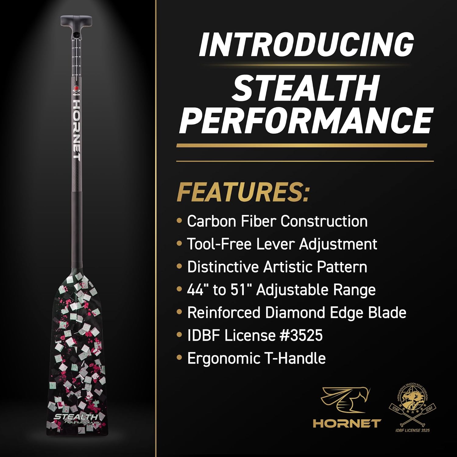 Hornet Watersports Dragon Boat Paddle - Stealth Pink - Adjustable Carbon Fiber Dragon Boat Paddle - IDBF Approved