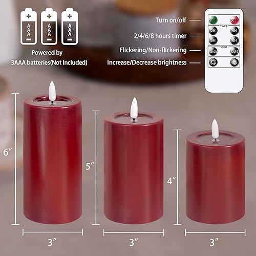 Miniatura 10 de Velas de pilar parpadeantes sin llama remotas con efecto de grasa de vela, paquete de 3 velas eléctricas de cera real con temporizador de 2468 horas