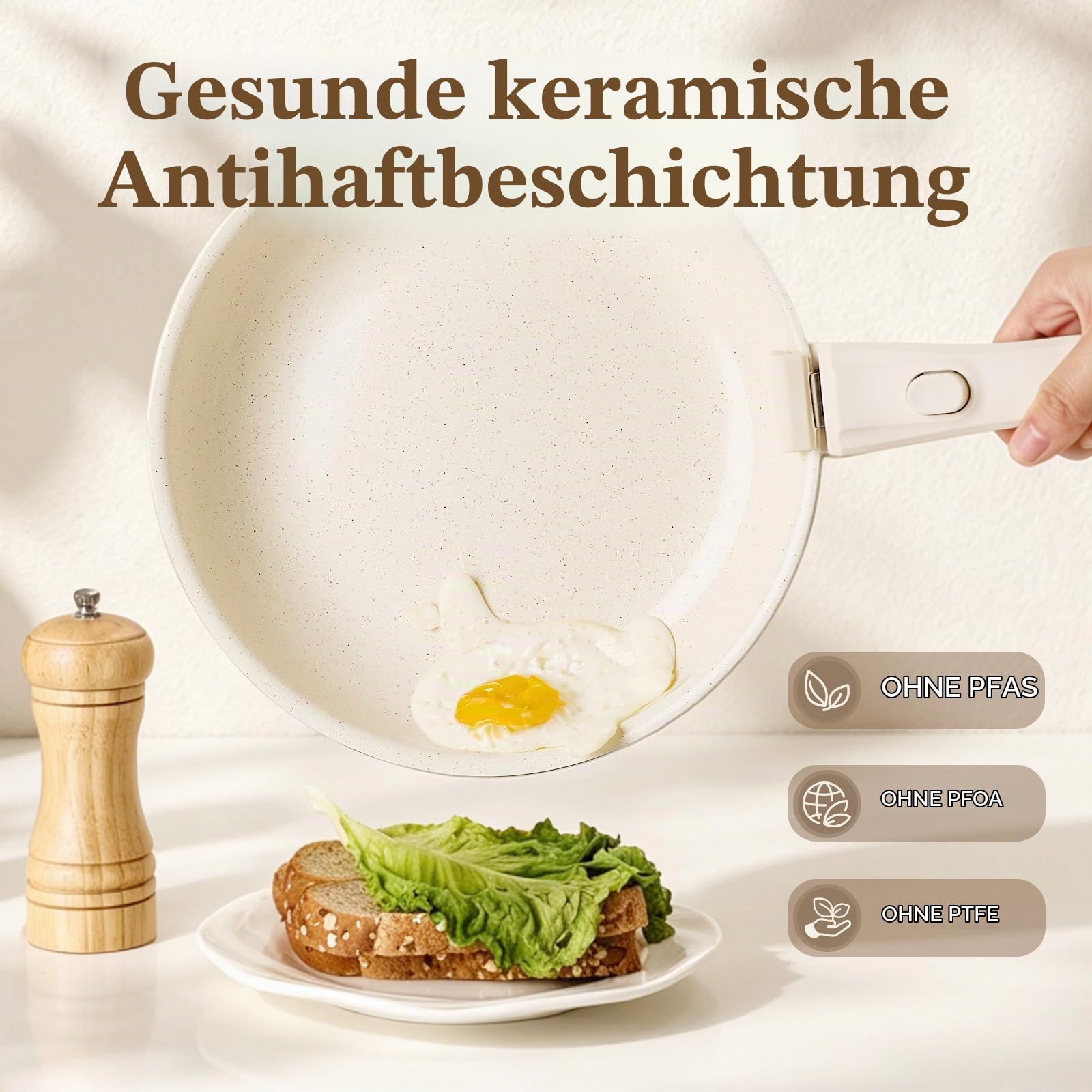 Pfannenset Mit Abnehmbarem Griff, Induktionsgeeignete Keramikpfanne, Ohne PTFE Und PFOA, 7-Teiliges Pfannen Set 20/24/28 cm, Beige