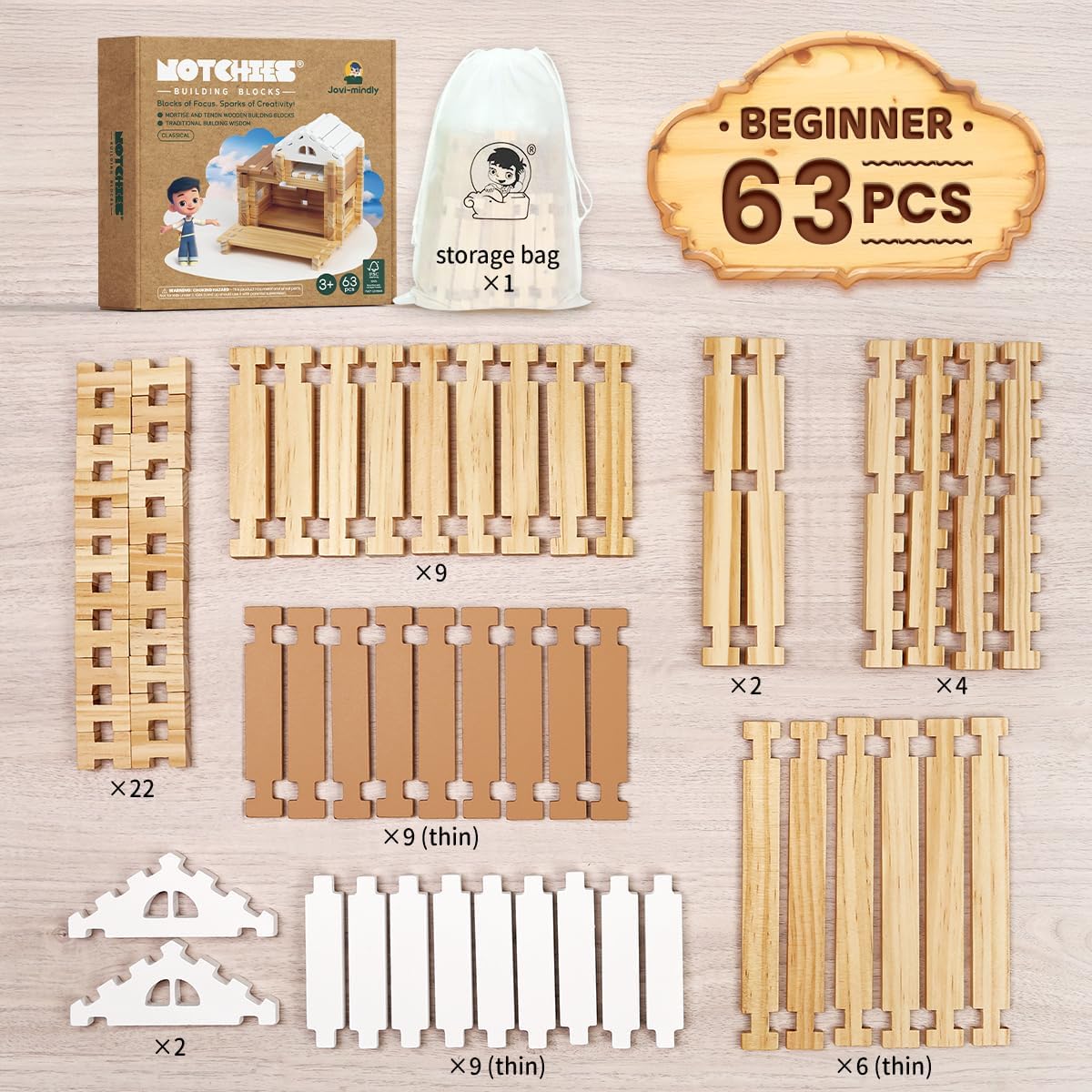 Jovi-mindly＆Notchies 63 Pcs Wooden Blocks Toys [Beginner Set] Classic Old Fashioned Toys,Wooden Building Blocks for Kids Boys and Girls,Preschhol/Class Room/Home Toy,Easter Toys Gifts