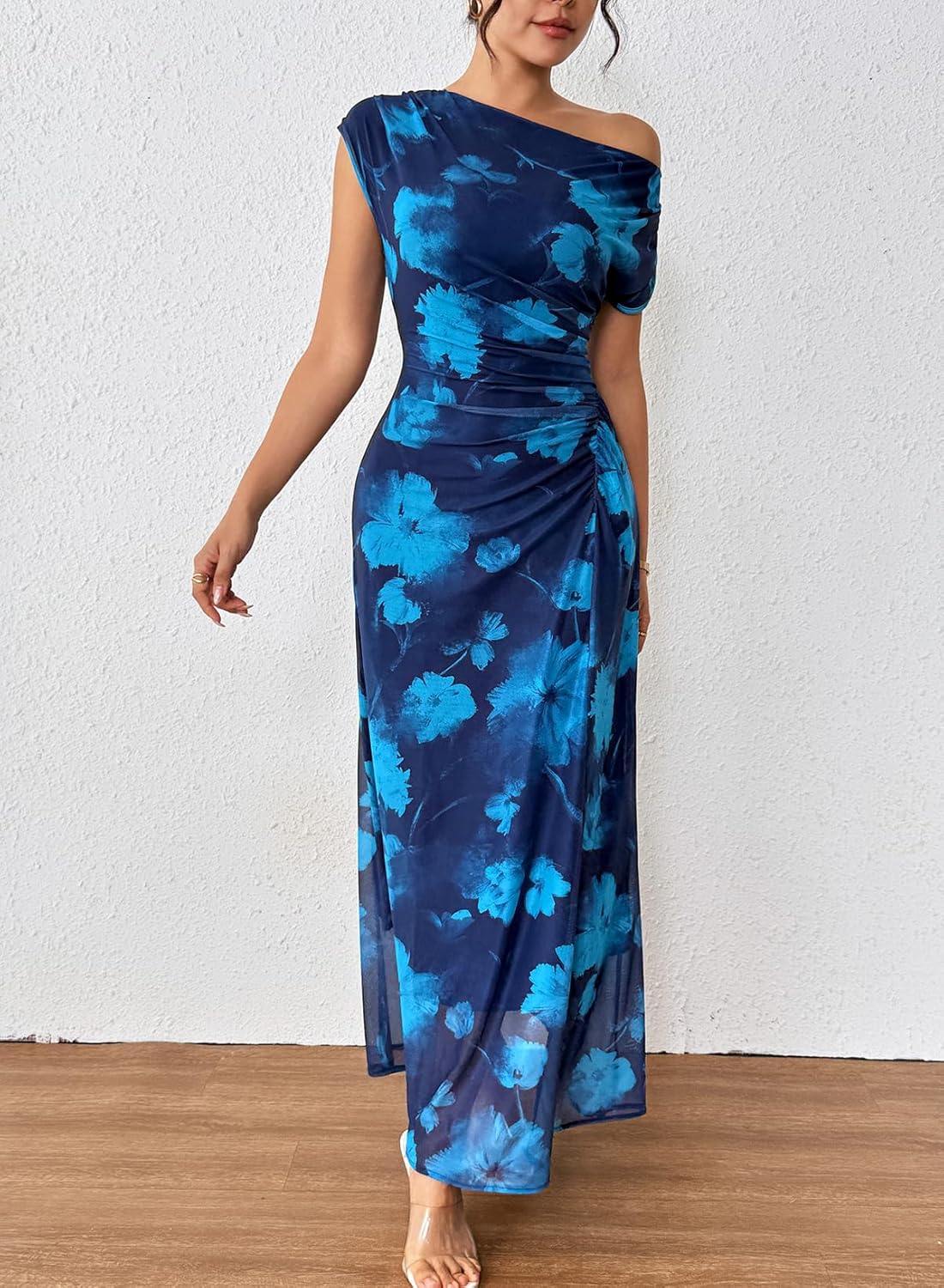 BLENCOT Women's Off Shoulder Floral Maxi Dresses Elegant Short Sleeve Ruched Waisted Mesh Cocktail Party Dress - Image 6