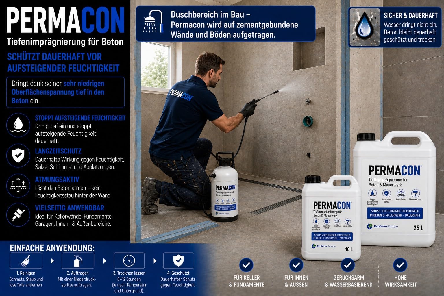 Ecoform Permacon Betonversiegelung 5 Liter - Transparente Wasserdichte Beschichtung für Beton & Stein - permanenter Feuchteschutz Innen & Außen